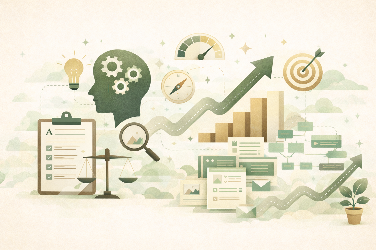 Illustration of product thinking concepts: a clipboard, compass, magnifying glass, growth charts, scales, and a flowchart
