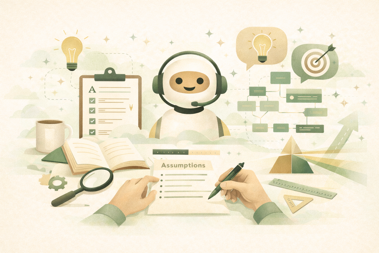 Illustration of an AI coach at a desk with a clipboard, lightbulbs and a flowchart, representing structured product coaching